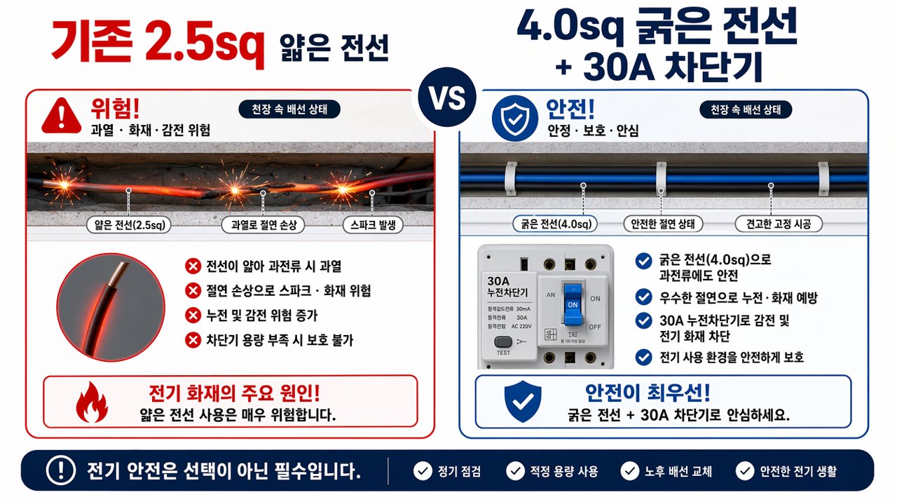 2.5sq 얇은 선 → 4.0sq + 30A, 천장 속 화재를 막는 안전 보험료