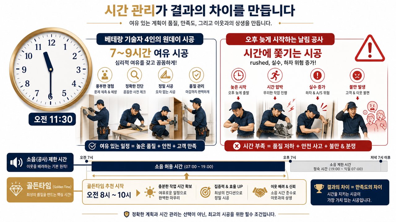 원데이 시공 7~9시간 — 11시 반 이전 시작이 명품 마감을 만듭니다