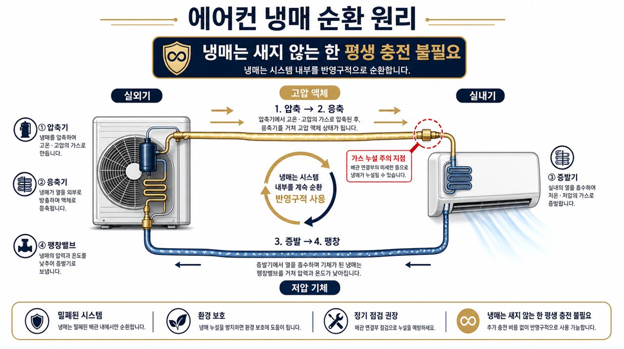 냉매는 새지 않는 한 반영구 순환 — 매년 충전은 누설 하자