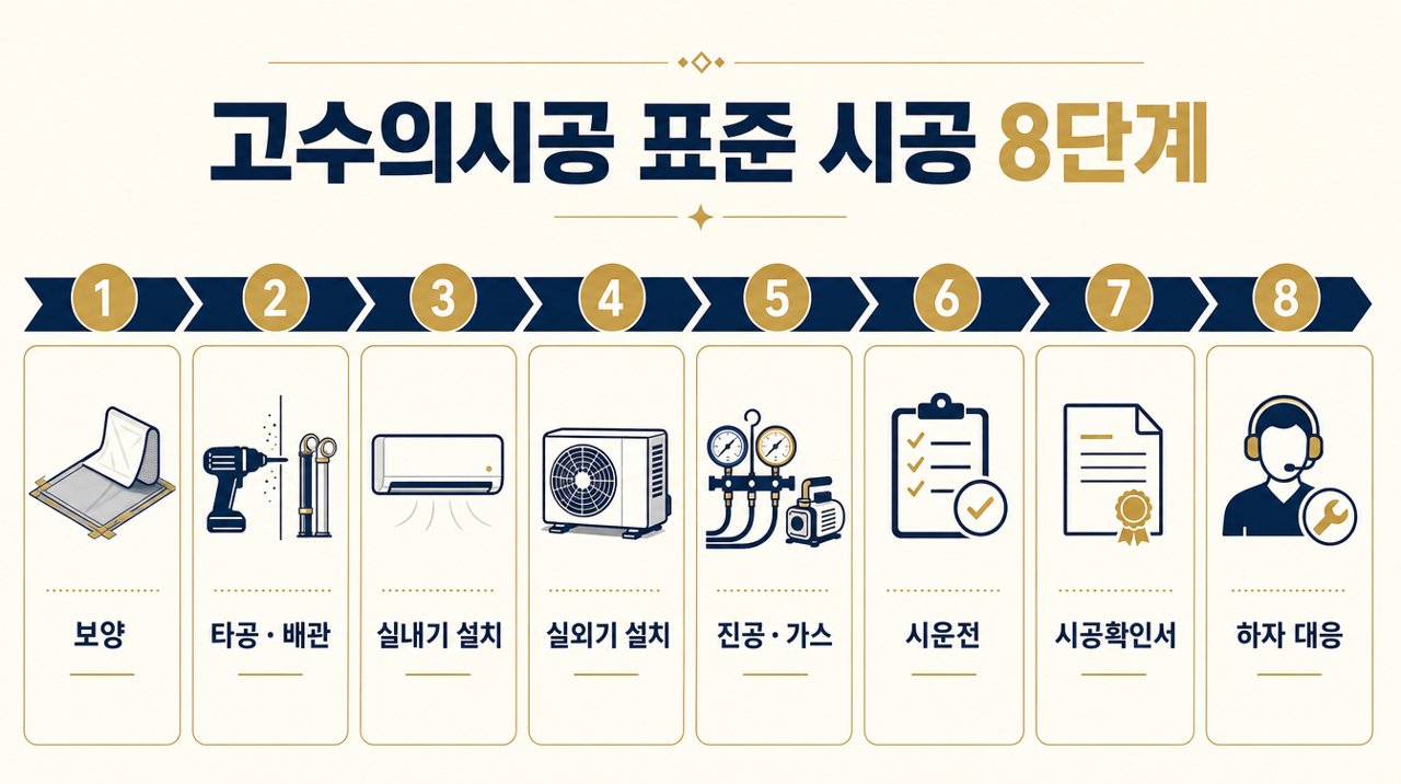 고수의시공 표준 시공 8단계 — 이 순서로 빠짐없이 진행합니다