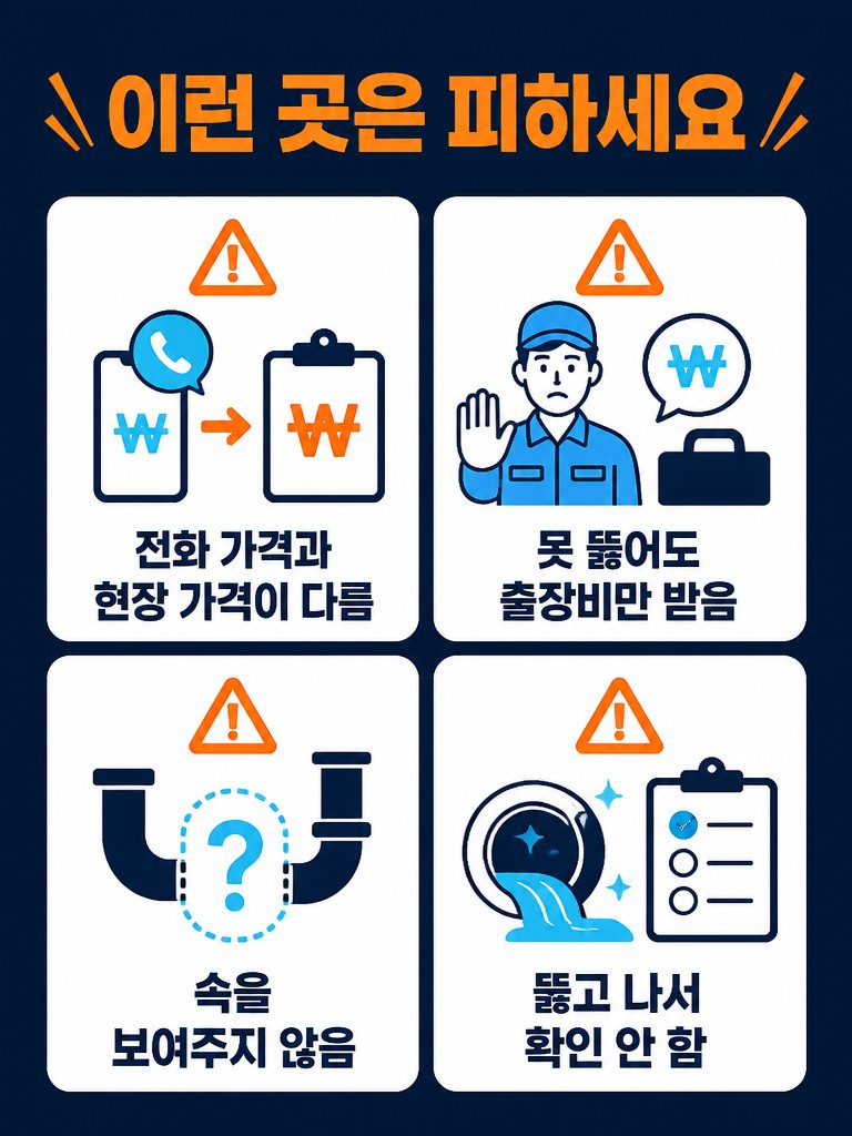 이런 곳은 피하세요: 전화 가격과 현장 가격이 다름, 못 뚫어도 출장비만 받음, 속을 보여주지 않음, 뚫고 나서 확인 안 함