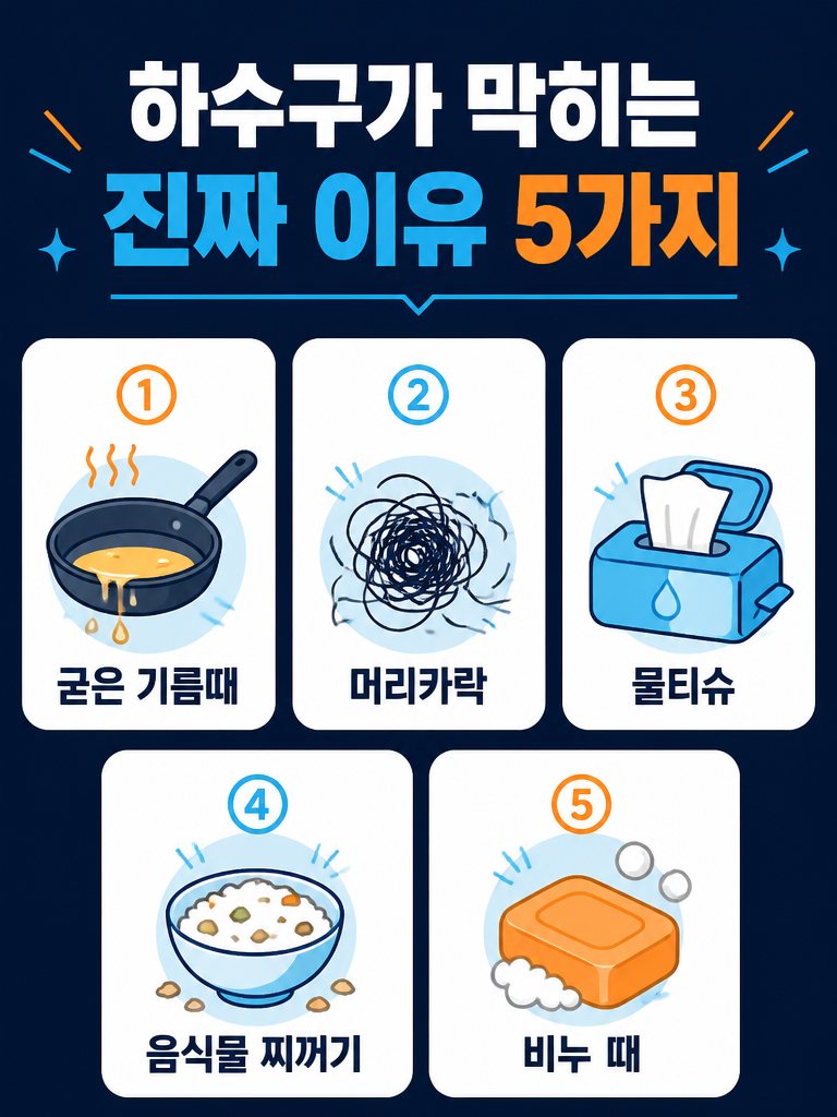 하수구가 막히는 진짜 이유 5가지: 굳은 기름때, 머리카락, 물티슈, 음식물 찌꺼기, 비누 때