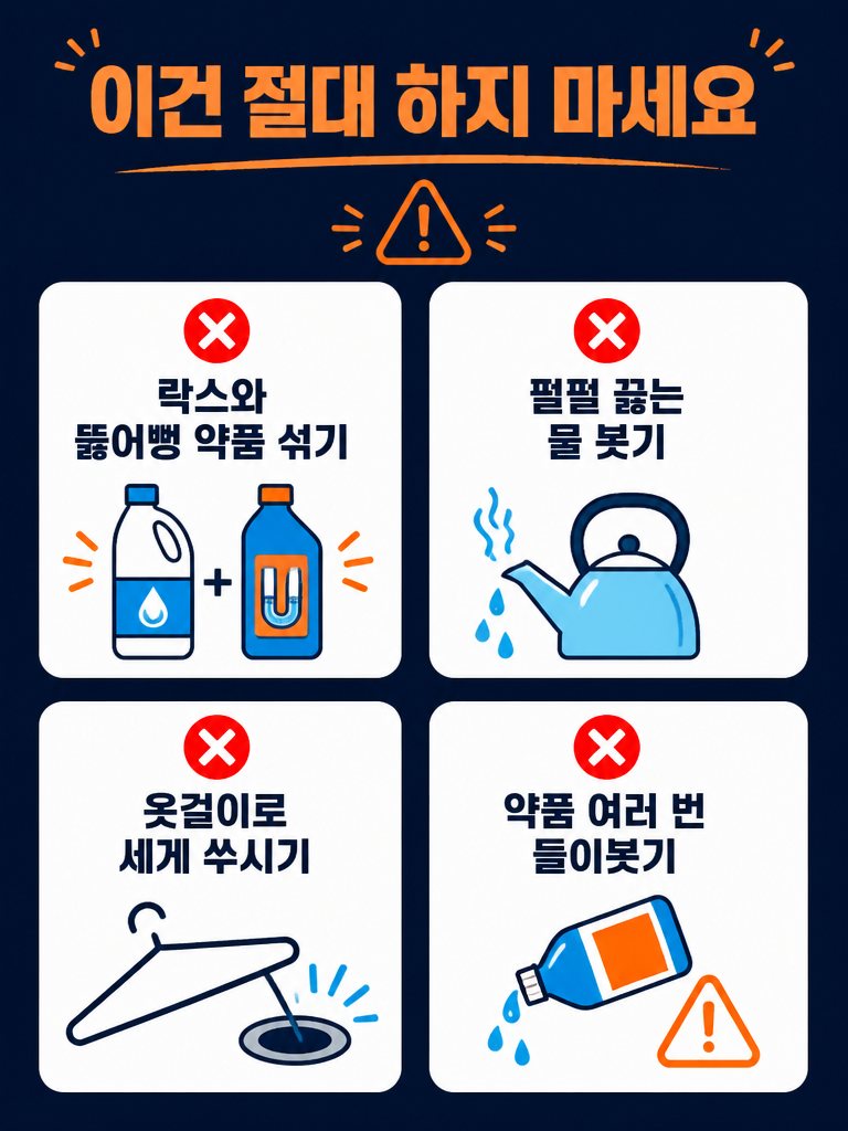이건 절대 하지 마세요: 락스와 뚫어뻥 약품 섞기, 펄펄 끓는 물 붓기, 옷걸이로 세게 쑤시기, 약품 여러 번 들이붓기
