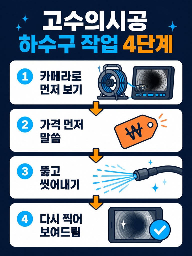 고수의시공 하수구 작업 4단계: 카메라로 먼저 보기, 가격 먼저 말씀, 뚫고 씻어내기, 다시 찍어 보여드림